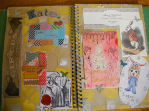 Again, there’s a bit going on. I wanted to use the ATCs Annie made and the pictures Ruth drew… While I was at it I added some Wonderland-friendly things, too.